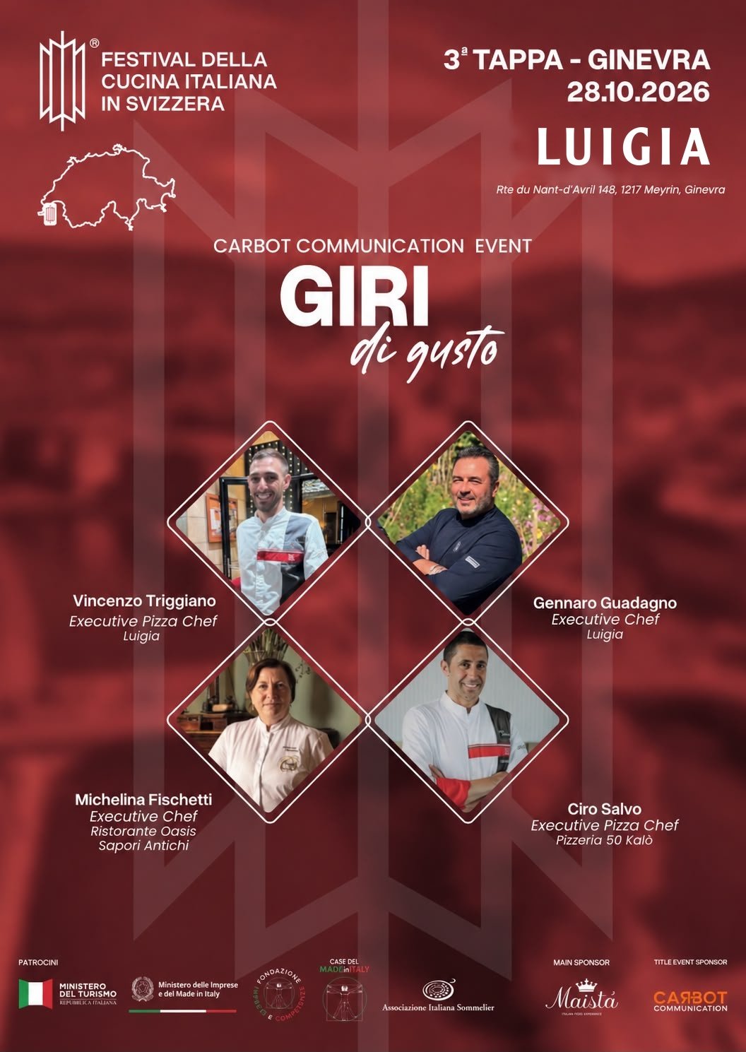 Giri di gusto – Festival della Cucina Italiana in Svizzera, 3ª tappa Ginevra, 28 ottobre 2026 alla Luigia Academy di Meyrin